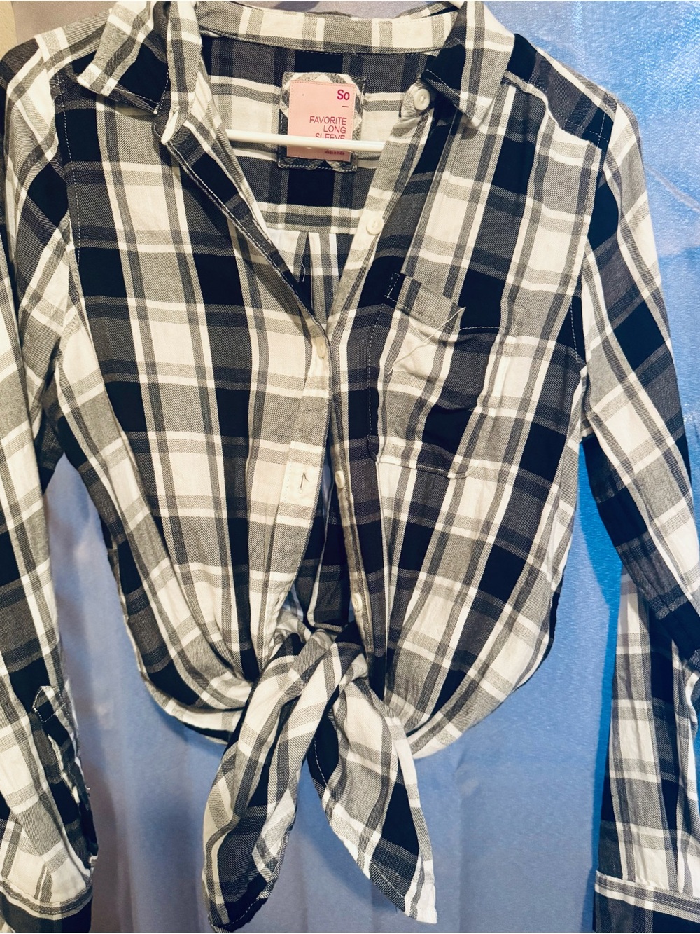 SO Black and White Plaid Button-Down Tie Front Shirt